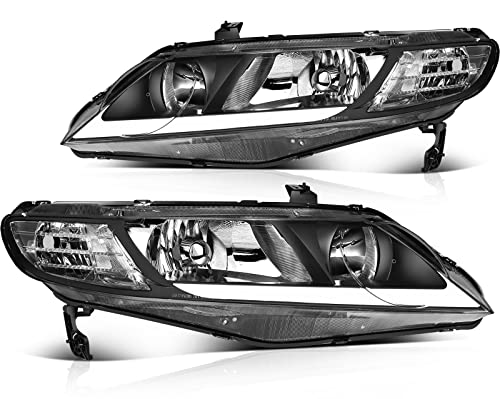 Headlight Assembly Pair Compatible with 2006 2007 2008 2009 2010 2011 for Honda Civic Black Housing Clear Reflector Clear Lens HO2518111 HO2518118 HO2519111 (Bulbs Not Included)