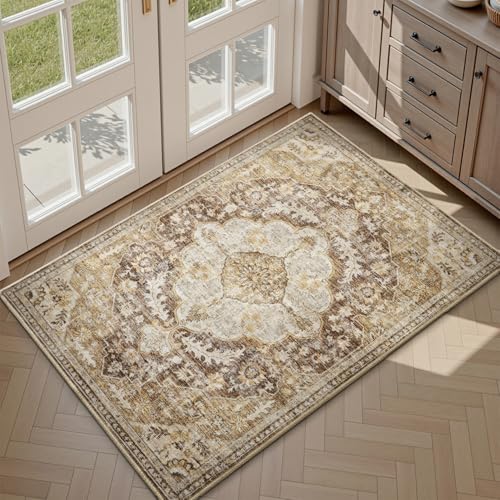 tchdio 2x3 Entryway Rug, Non Slip Front Door Mat Small Washable Rugs, Soft Low Pile Small Area Rug Vintage Doormat, Stain Resistant Rug for Entrance, Kitchen (Brown, 2'x3') Brown 2'x3'