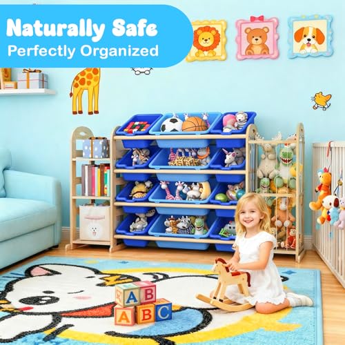 Orekemo Kids Toy Storage Organizer, Toy Organizers and Storage with Stuffed Animal Storage, Toy Storage Shelf with 3 Shelves, 12 Storage Bins, Kids Bookshelf, Toy Holder for Playrooms, Bedrooms, Blue by Orekemo - Image 2