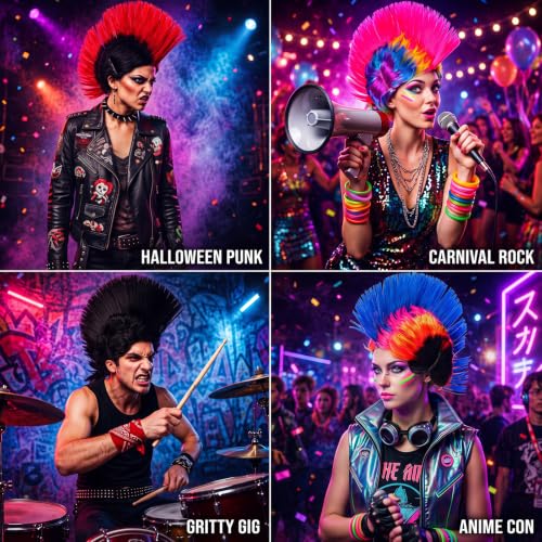 Image of Geyoga 12 Pcs Rainbow Mohawk Wigs for Men Multicolor Punk Rocker Wigs