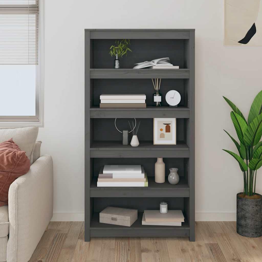 Estantería gris de madera de pino maciza de 80 cm con almacenamiento abierto para dormitorio y salón