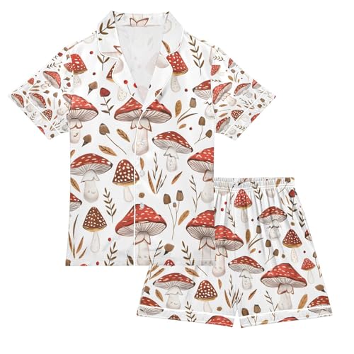 senya Mushrooms on Grass Satin Summer Pajama Sets Silk Short Sleeve Button Down Sleepwear