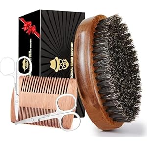 Sosoon Beard Brush for Men, 100% Pure Boar Bristle Beard Brush, Beard Grooming Set Including Beard Comb, 2 Pcs Mustache Scissors, and Travel Bag