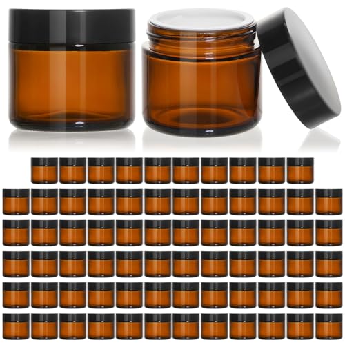 KEYWING 2oz Small Glass Jars with Black Lids, 70 Pack Amber Glass Cosmetic Jars, Round Empty Sample Container with Inner Liners for Lotions, Cream, Powders and Ointments