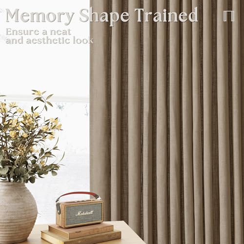 Image of TWODRAPES Tan Brown Linen Curtains 86 Inches Long for Living Room Pinch Pleated Drape with Hooks Rings for Track System Light Filtering 86 Inch Curtain for Bedroom Sliding Patio Door 2 Panels Latte