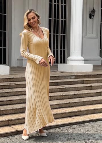 Image of RanRui Womens Winter Fall Pleated Knitted Fit and Flare Long Sleeve Sweater Dress