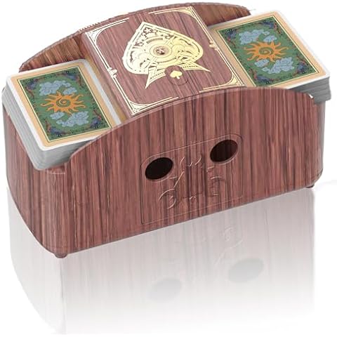 HJCMikee 1-2 Deck Automatic Card Shuffler, Retro Casino Poker Playing Cards Electric Shuffle Machine for UNO Skip bo Blackjack Canasta Game, Battery Operated Or USB-C Powered (Red Oak Wood Grain) Cover