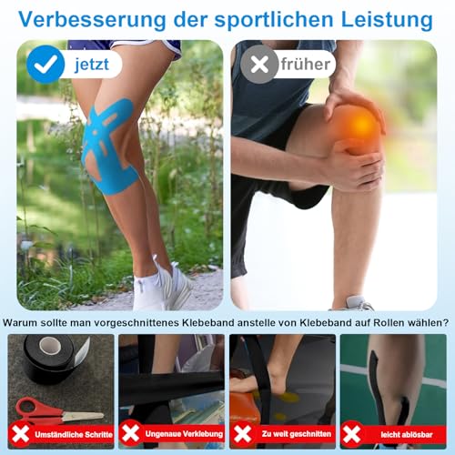 NEUJUS Knie Tape Vorgeschnitten 12 Stück – Kinesiologie Tapes Knie, Stark Haftender Muskelpatch Knieschoner, Atmungsaktiv & Elastisch, Physio Tape für Sport & Reha (Schwarz+Rosa+Blau, 12 Stück)