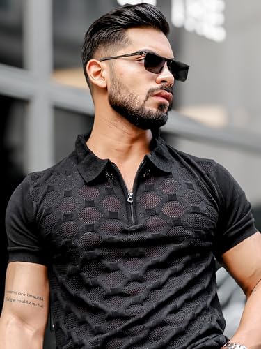 Image of Maniac || Mens || Solid Textured || Half Zip || Polo Neck || Half Sleeve || Cotton || T-Shirt