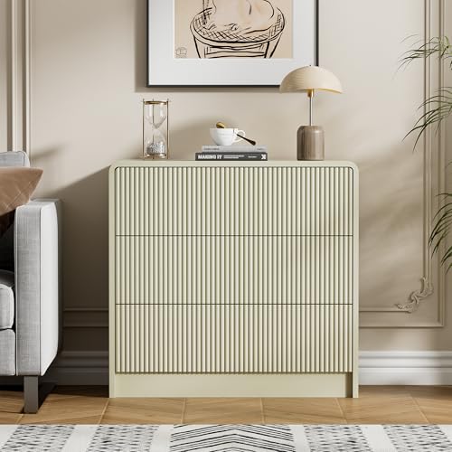 Image of Furniway Beige Nightstands Set of 2, 32 inch Modern 3 Drawer Bedside Table with Storage, Large Night Stand for Bedroom