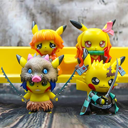 Image of PATPAT 4pcs Poke-mon Pi-Kachu x Demon Slayer Action Figures Desk Decoration PVC Poke-mon Pi-Kachu Figure Toy, 8-9cm, Christmast Gift Birthday Gift for Poke-mon Fans Kids Demon Slayer Lovers