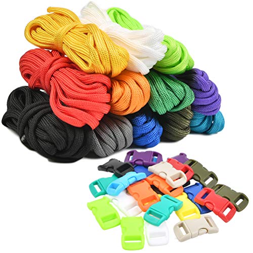 N\A WOWOSS Cuerda de Paracord 550 12 Colores + 24 Piezas Hebillas de Plástico para Pulseras Paracord, Cuerda de Paracaídas e Pulsera Supervivencia