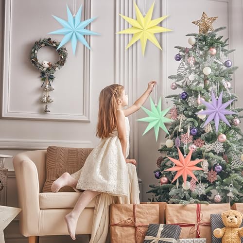 Image of 12 Inches 5 PCS Paper Star Lanterns Hanging Pastel Stars Christmas Party Decorations Pastel Lampshade Christmas Home Party Decorations(9 Pointed)