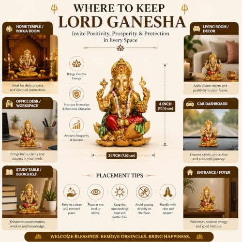 Image of Lord Ganesha Idol for Home Mandir & Office, 4 Inch Marble Dust Resin Ganesh Murti with Antique Multicolour Finish, Ganpati Idol for Pooja Room, Home Decor, Housewarming & Diwali Gift