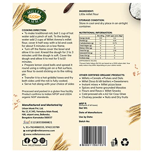 Image of Millet Amma CERTIFIED ORGANIC Little Millet Flour | 1 Kg (500g x 2 Packs) | Made with Unpolished Millet Grains ( Kutki | Samai | Same | Samalu ) | Suitable for Multiple Millet Recipes | 100% Vegan & Gluten Free | Rice in Proteins