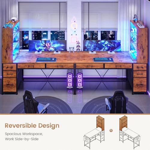Image of SEDETA Computer Desk with 5 Drawers and Bookshelf, Reversible Home Office Desk with Storage Shelves and File Drawer, Gaming Corner Desk with LED Lights for Small Spaces, Rustic Brown
