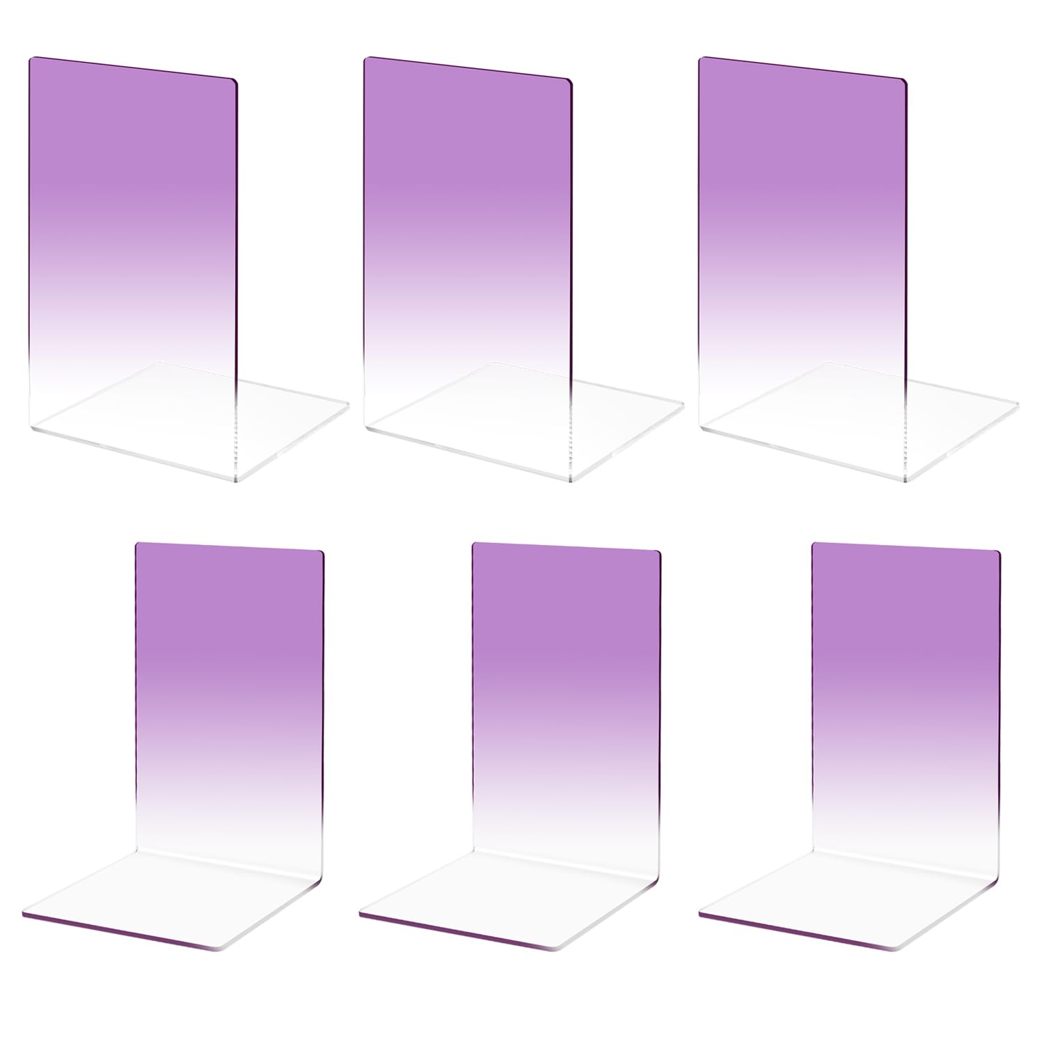 Honagu Book Ends, Acrylic Bookends, Clear Book Ends for Shelves, Desk Book Organizer, Book Holder Stand Decorative for Heavy Books, CDs, Video Games (3 Pair/6Pieces, Gradient Purple)