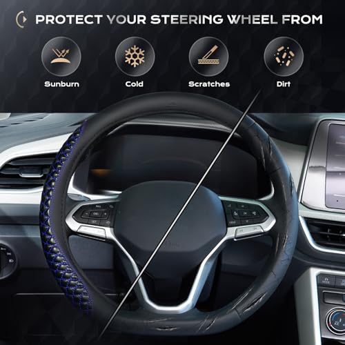 Image of Coverado Car Steering Wheel Cover, Nappa Leather Black & Blueline Steering Wheel Covers, Universal 14-15 inch, Anti-Slip, Breathable Steering Wheel Protector for Women Men