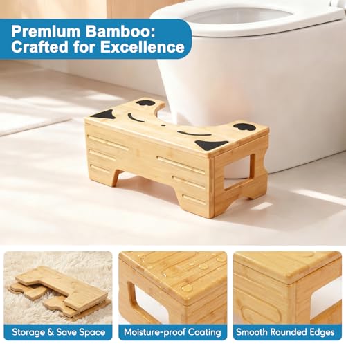 Image of Foldable Toilet Stool, Bamboo Squat Stool for Bathroom, Space-Saving Poop Stool with Comfortable 7 inch Daily Use Height, Potty Stool for Improved Posture, Optional 9 inch Height Mode (Cat Design)