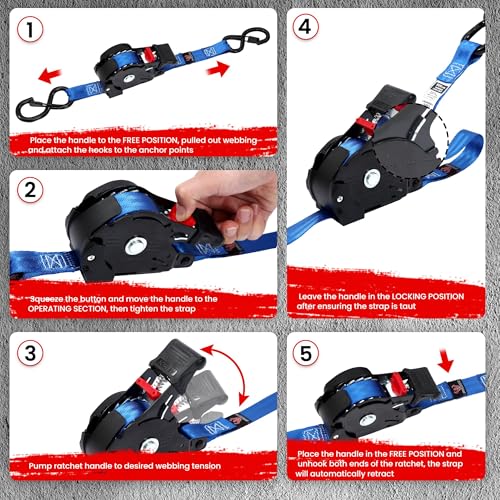 Image of Retractable Ratchet Straps 4 Pack, 1 in x 12 FT Auto Ratchet Straps for Motorcycle, Kayak and Trucks, Breaking Strength 1,500LBS /500LBS Working Load Limit Blue