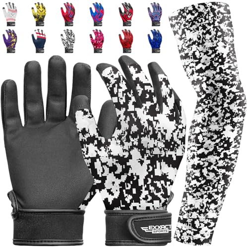 Exxact Sports Youth Batting Gloves w/Arm Sleeve (YL/XL, White/Black Camo)