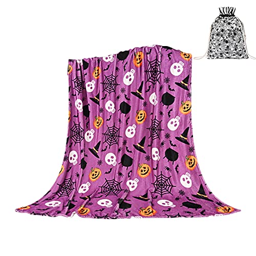 Halloween Kürbis Überwürfe Decke Fleece mit Geschenkbeutel, Lila Halloween Decken King für Erwachsene, Halloween Überwurf Decke Weich für Couch Betten Schlafzimmer Sofa Stuhl, 127,7 x 152,4 cm Cover