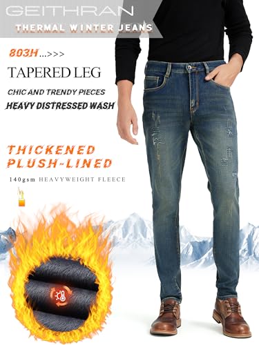 Men’s Fleece Lined Jeans Athletic Taper Stretch Thermal Pants Ripped Distressed Patched2