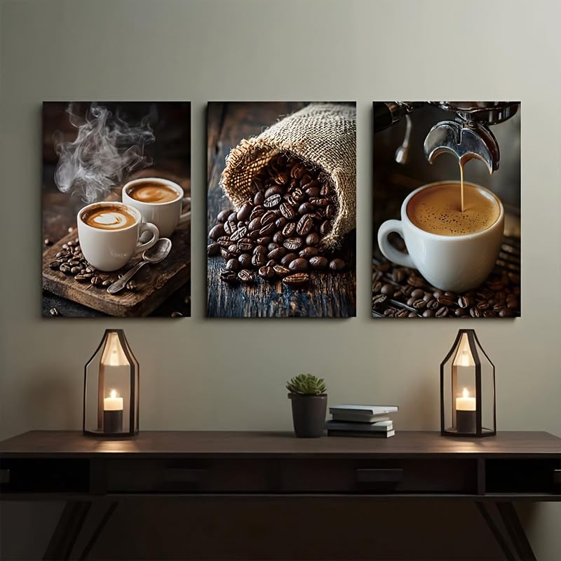 Toile grain de café moderne triptyque mural encadré pour salle à manger
