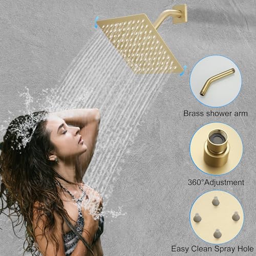 Image of Brushed Gold Shower System, 8 Inch High Pressure Rain Shower with Handheld, Wall Mount Shower Faucet Set for Bathroom, Rough-in Valve Body and Trim Included