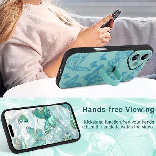 Image of for iPhone 16 Case with Finger Strap Holder, Cute Cool Butterfly Print Pattern Design for Women Men, Shockproof Anti Scratch Hand Kickstand Protective Cover, Green