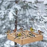 Cedar Wood Platform Tray Bird Feeder 12” - Hanging Bird Feeder for Outside Outdoor - Stainless Steel Cable Mesh Base - Weather Proof Birdfeeder for 10 Years - Longtime Outdoor Lasting Heavy Duty
