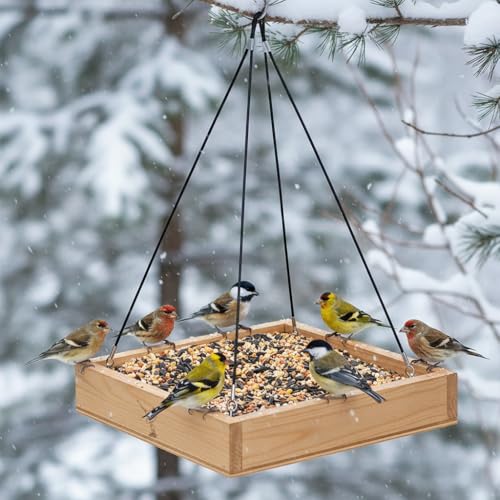 Cedar Wood Platform Tray Bird Feeder 12” - Hanging Bird Feeder for Outside Outdoor - Stainless Steel Cable Mesh Base - Weather Proof Birdfeeder for 10 Years - Longtime Outdoor Lasting Heavy Duty