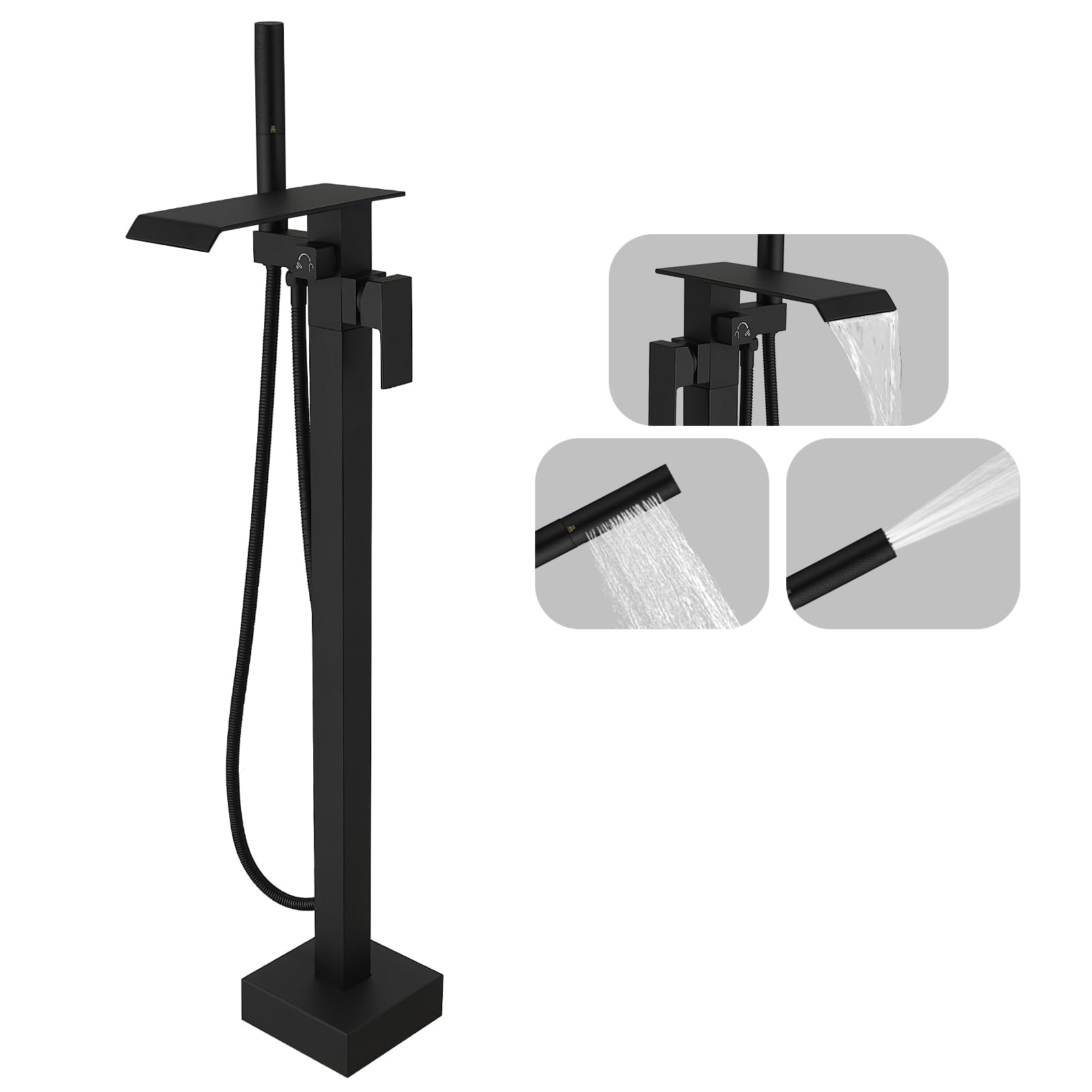 Kroias Matte Black Freestanding Waterfall Bathtub Faucet High Flow Standing Tub Filler Floor Mount Brass Stand Bathtub Filler Single Handle Bathroom