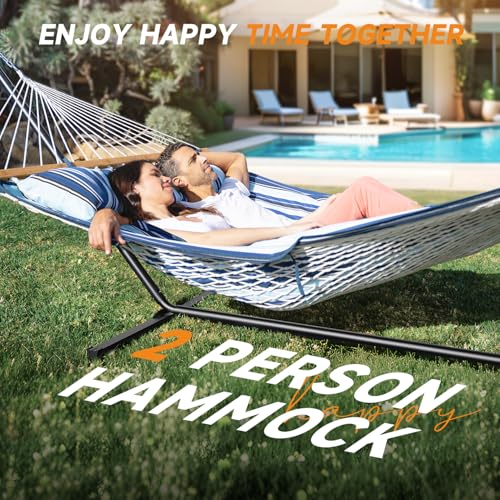 Image of Everyfun 2 Person Outdoor Hammock with Stand, Cotton Rope Hammock with Polyester Pad, Adjustable Steel Frame, Portable with Carrying Bag - for Patio, Backyard, Garden, Beach, Blue Stripe