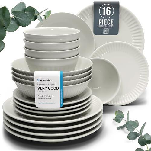 Image of Stoneware Dinnerware Set for 4 People HYGGE 16-Piece - Elegant Scandi Design - Premium Dish Set - Bowl and Plate Set - Tableware for 4 People in a Ribbed Design - Pure Living in Beige