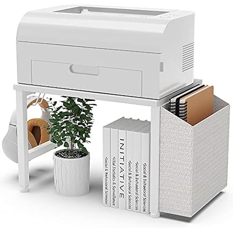 VEDECASA White Wood Desktop Printer Stand Holder with Storage Bin Hook for Home Office, Multi Purpose Organizer Under Desk Modern Wooden Printer Shelf with Adjustable Anti-Skid Pads (White) Cover
