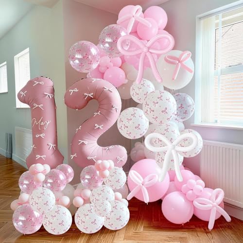 Image of Pink Bow Balloons, 62Pcs Pastel Light Pink Clear White Bow Latex Balloons, 12Inch Transparent Bowknot Print Helium Balloon for Girls Women Princess Coquette Birthday Wedding Bridal Baby Shower Party