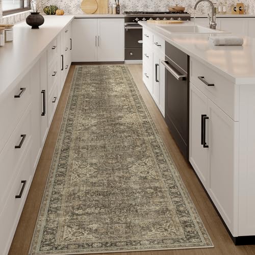 3x12 Washable Brown Vintage Runner Rug for Kitchen Hallway Non-Slip Low Pile Soft Thin Carpet Traditional Retro Distressed Accent Long Throw Rug for Entryway Bathroom Indoor Bedroom