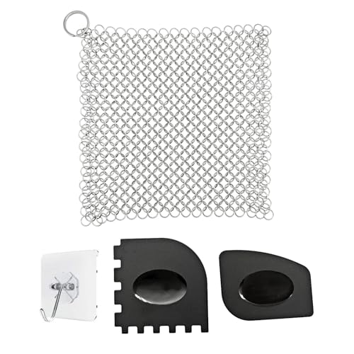 JZK 18x18 cm Brosse à récurer Cotte de Mailles pour poêle Fonte, Anneaux INOX tressés Eponge Lavette métal Nettoyage et grattoirs pour poêle Grill...