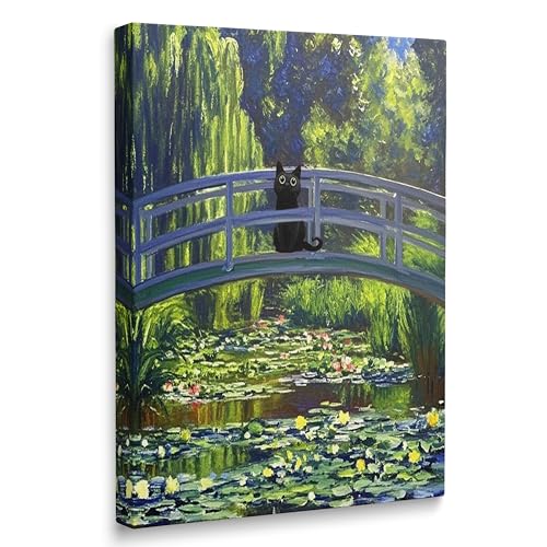Amovlov Funny Cat Canvas Wall Art, Framed Vintage Aesthetic Monet Prints Funny Water Lilies Black Cat Posters Decor for Bathroom Dorm Living Room Decorative Posters Ready to Hang (12"x16")
