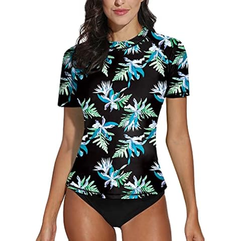 Mädchen Kurz äRmel Rash Guard Wasser Mit Blumen Bedruck Rash Guard Sonnenschutz UPF 50+ A2 M Cover