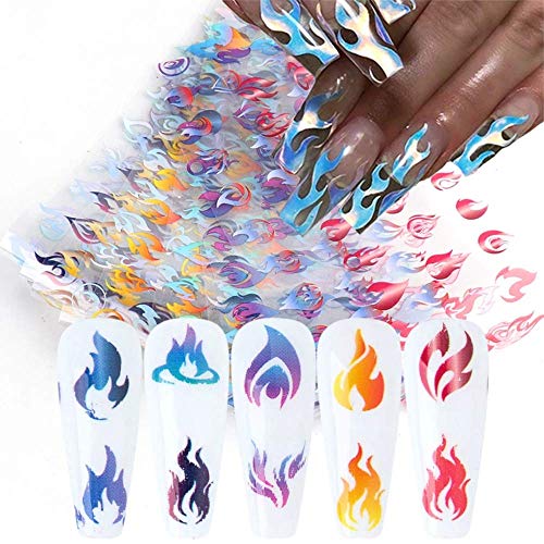 Flame Nail Art Foil Transfer Stickers Nail Accessories 10Sheets Flame Fire Nail Foils Adhesive Nail Decals Starry Sky Stencil Stuff for Women DIY Nail Art Decorations Acrylic Nails Design Manicure