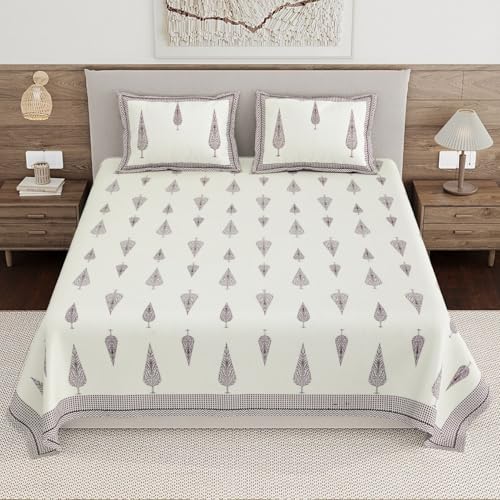 Image of Living Roots Ethnic Jaipur Block Print Double Cotton Bedsheet & 2 Pillow Covers, for Mattress Upto 6 inches Thick, No Colour Bleeding, Maroon Colour, King Size 90 * 108 inches, 120TC (606-B)