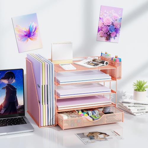 Image of gianotter 5-Tier Desk Organizer with Drawers and File Holders | Letter Trays and Pen Holders - Workspace Accessories for Office Supplies (Rose Gold)