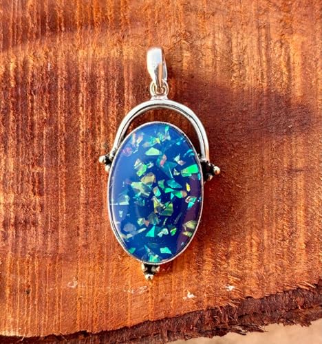 925 Sterling Silver Oval Crystal Blue Opal Pendant, Iridescent Mosaic Design, Vintage Style4
