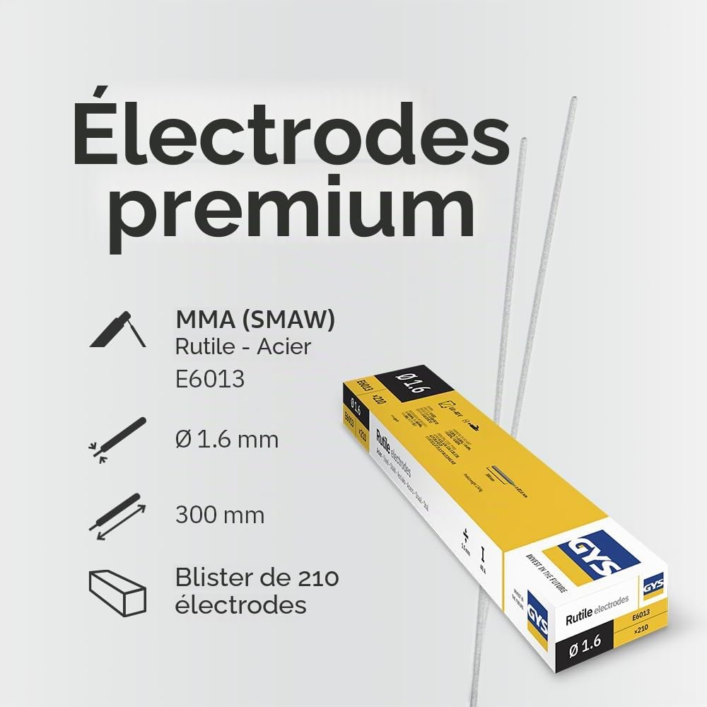 GYS, Métal d'Apport MMA, 210 Baguettes/Électrodes de Soudage Enrobées Rutiles E6013 Ø 1,6 mm x 300 mm, Demi-Étui, Pour Soudage Acier Toutes Positions