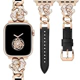 コンパチブル Apple Watchバンド アップルウォッチベルト レザー ブリンブリン ダイヤモンド レディース バンド 49/46/45/44/42mm iWatch Ultra2/S10/9/8/7/6/5/4/SE2/SEに対応 かわいいローズフラワー柄 キラキラ 蒸れない 長さ調整 おしゃれ 柔らかいベルト 入学/クリスマス/誕生日プレゼント