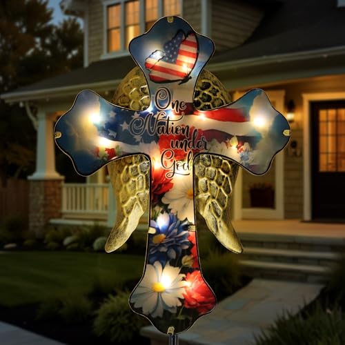 Guangxie 33.5in Independence Day Solar Cross Iron Angel Wing Memorial Stake