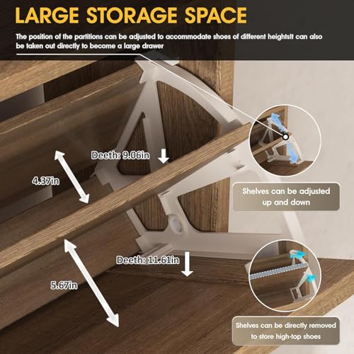 Image of The Artment your artistic apartment Raya Shoe Cabinet Modern Rattan & Wood Storage Organizer | Dual Flip-Drawers, Metal Base, Slim Entryway Shoe Rack for Hallway, Bedroom | 8-14 Pairs