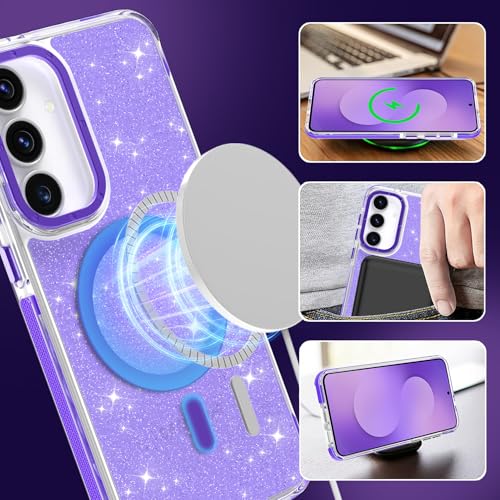 Image of Magnetic Case for Samsung Galaxy S25 FE 5G [Compatible with Magsafe] [Bling Glitter Fluorescent Design] [1 Screen Protector] Slim Translucent Matte Case for Galaxy S25 FE 5G 6.7 inch, Purple
